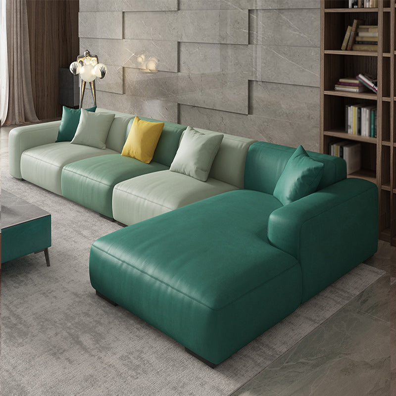 Modern Loose Back Sofa & Chaise 137.8"L*66.93"W*23.62"H Faux Leather Recessed Arm Sofa Green Right Clearhalo 'furn' 'furn_sectionals' 'Furniture' 'furniture_sectionals' 'Living Room Furniture' 'Sectionals' 5045363
