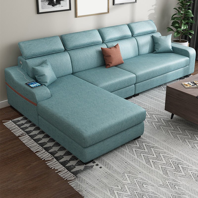 Contemporary Faux Leather/Fabric L-Shape Sofa with Pillow Top Arm Sky Blue Clearhalo 'furn' 'furn_sectionals' 'Furniture' 'furniture_sectionals' 'Living Room Furniture' 'Sectionals' 5045408