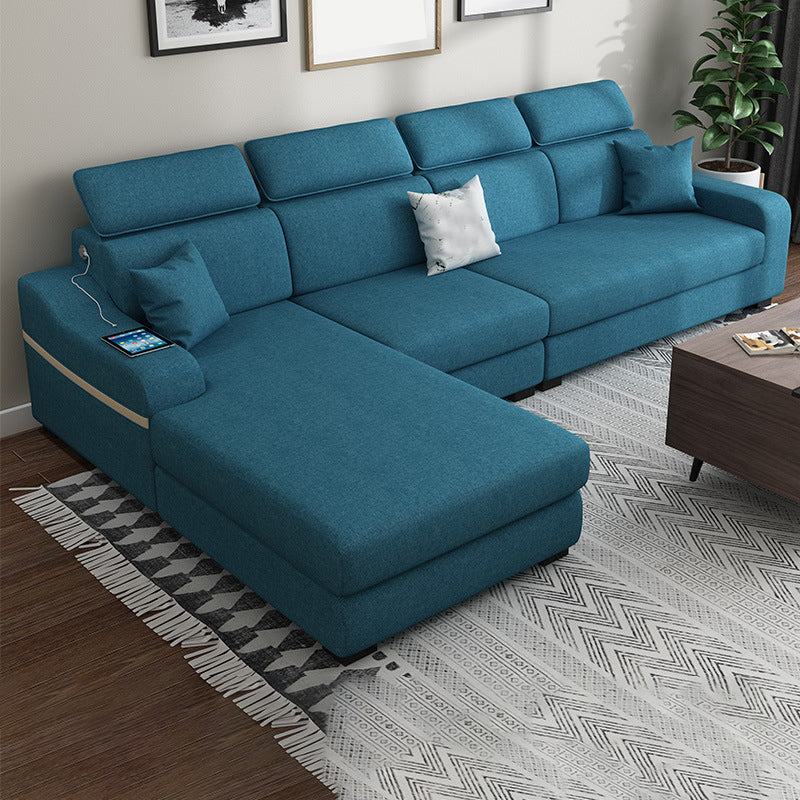 Contemporary Faux Leather/Fabric L-Shape Sofa with Pillow Top Arm Dark Blue Clearhalo 'furn' 'furn_sectionals' 'Furniture' 'furniture_sectionals' 'Living Room Furniture' 'Sectionals' 5045409
