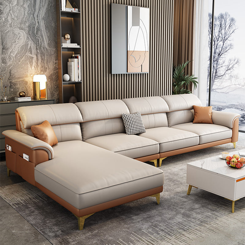 Modern Faux Leather Beige Sofa with Pillow Top Arm for Living Room 126"L x 71"W x 35"H Clearhalo 'furn' 'furn_sectionals' 'Furniture' 'furniture_sectionals' 'Living Room Furniture' 'Sectionals' 5045420