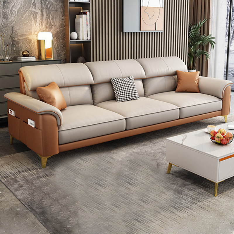 Modern Faux Leather Beige Sofa with Pillow Top Arm for Living Room 85"L x 35.5"W x 35.5"H Clearhalo 'furn' 'furn_sectionals' 'Furniture' 'furniture_sectionals' 'Living Room Furniture' 'Sectionals' 5045421