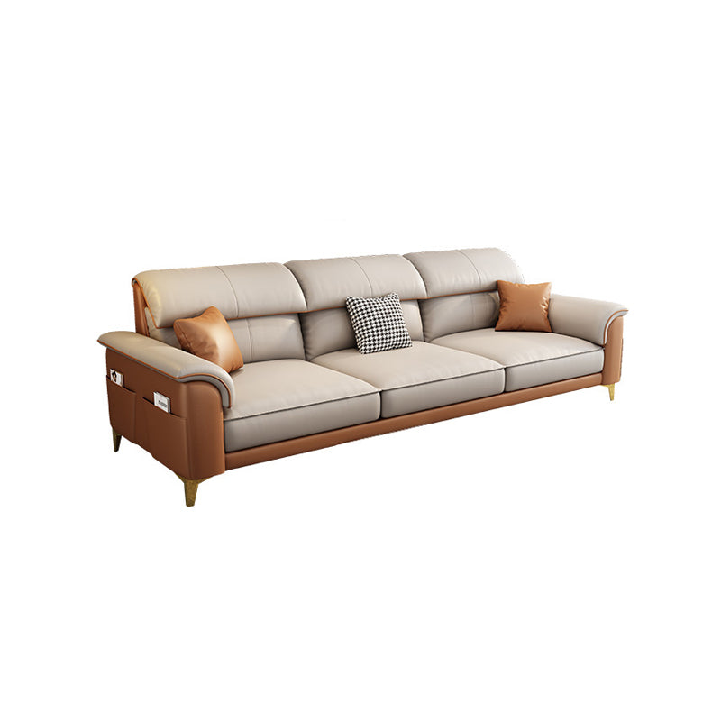 Modern Faux Leather Beige Sofa with Pillow Top Arm for Living Room Clearhalo 'furn' 'furn_sectionals' 'Furniture' 'furniture_sectionals' 'Living Room Furniture' 'Sectionals' 5045426
