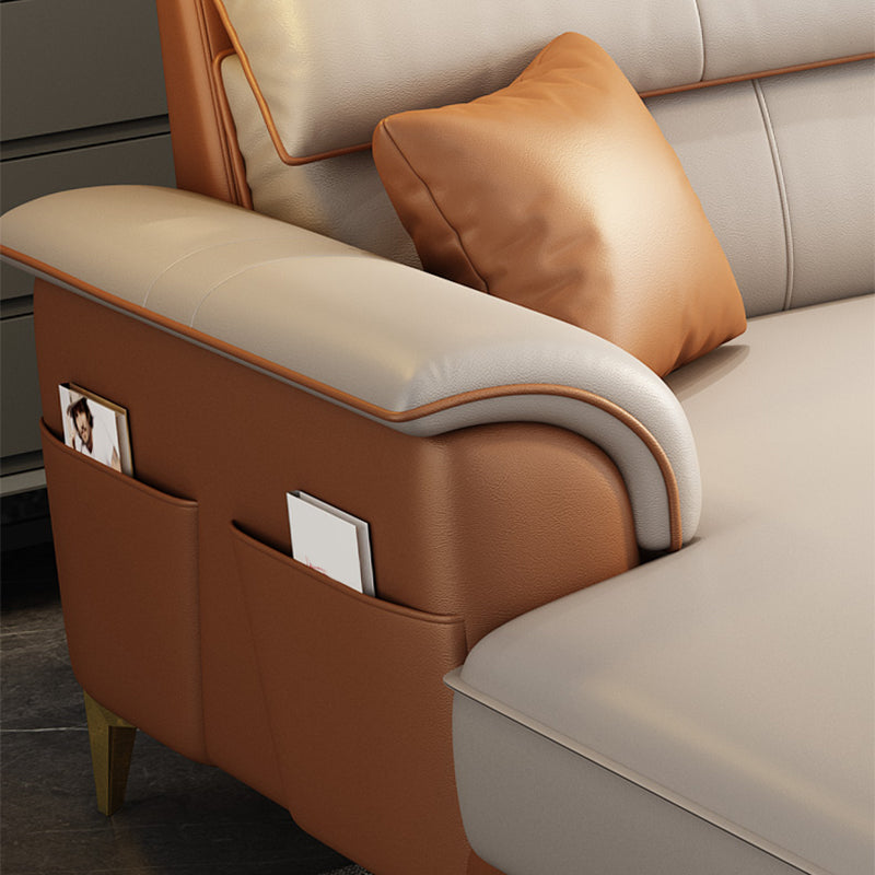 Modern Faux Leather Beige Sofa with Pillow Top Arm for Living Room Clearhalo 'furn' 'furn_sectionals' 'Furniture' 'furniture_sectionals' 'Living Room Furniture' 'Sectionals' 5045431