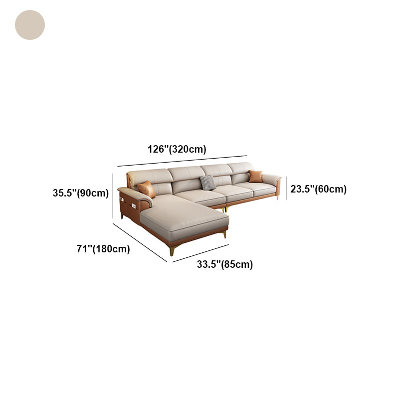 Modern Faux Leather Beige Sofa with Pillow Top Arm for Living Room Clearhalo 'furn' 'furn_sectionals' 'Furniture' 'furniture_sectionals' 'Living Room Furniture' 'Sectionals' 5045437