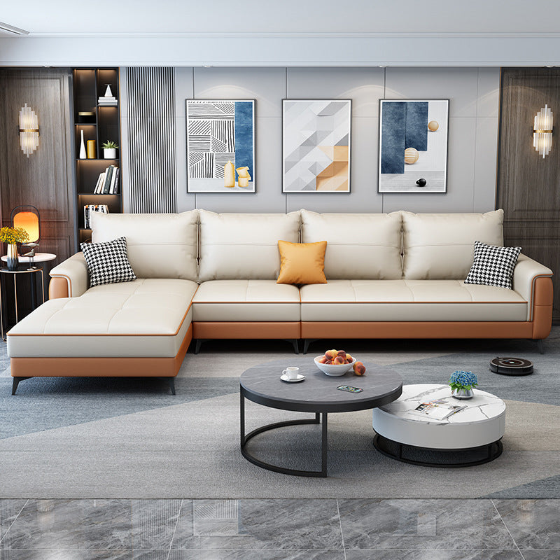 Faux Leather Modern Recessed Arm Sofa 134.6*66.9*38.2 Loose Back Sofa & Chaise Orange Left Clearhalo 'furn' 'furn_sectionals' 'Furniture' 'furniture_sectionals' 'Living Room Furniture' 'Sectionals' 5045470