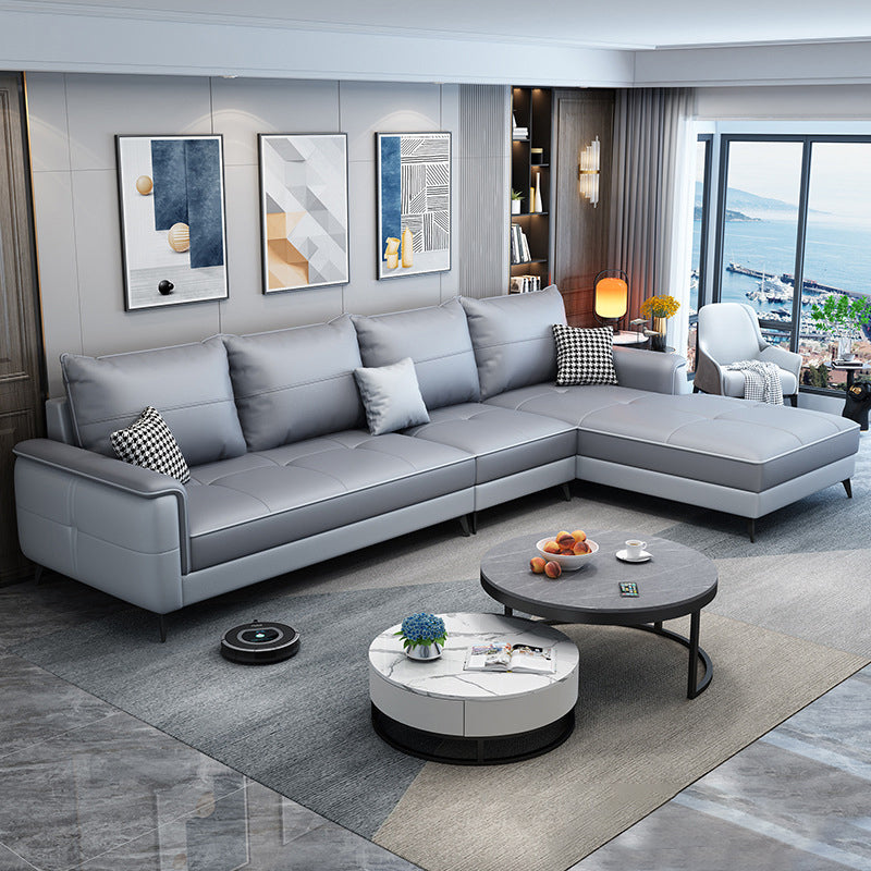 Faux Leather Modern Recessed Arm Sofa 134.6*66.9*38.2 Loose Back Sofa & Chaise Grey Right Clearhalo 'furn' 'furn_sectionals' 'Furniture' 'furniture_sectionals' 'Living Room Furniture' 'Sectionals' 5045473