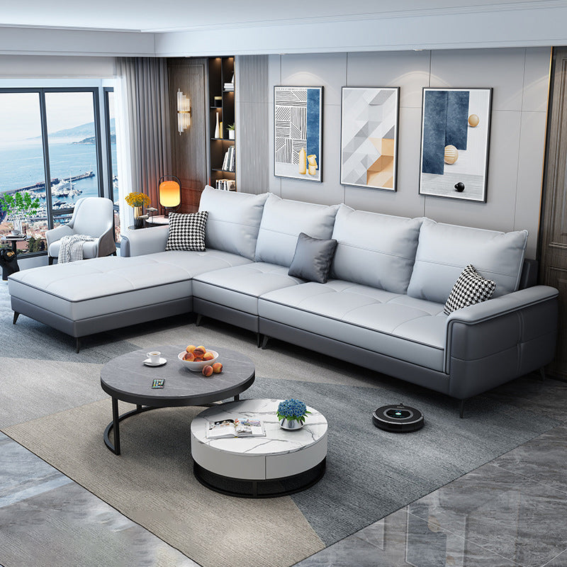 Faux Leather Modern Recessed Arm Sofa 134.6*66.9*38.2 Loose Back Sofa & Chaise Gray Blue Left Clearhalo 'furn' 'furn_sectionals' 'Furniture' 'furniture_sectionals' 'Living Room Furniture' 'Sectionals' 5045474