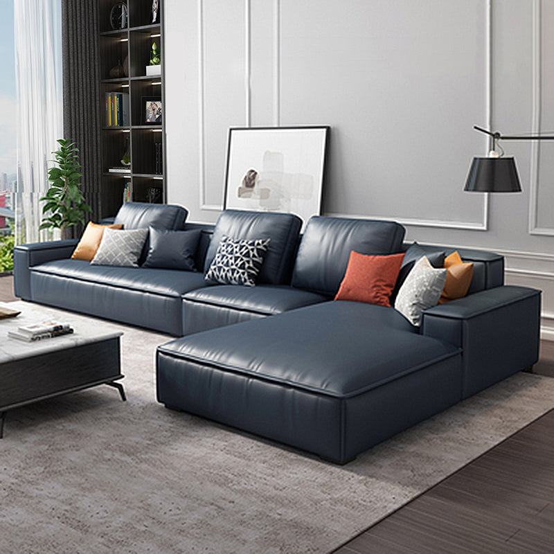 Faux Leather Loose Back Sofa & Chaise 137.8*74*31.5 Recessed Arm Sofa Dark Blue Right Clearhalo 'furn' 'furn_sectionals' 'Furniture' 'furniture_sectionals' 'Living Room Furniture' 'Sectionals' 5045544