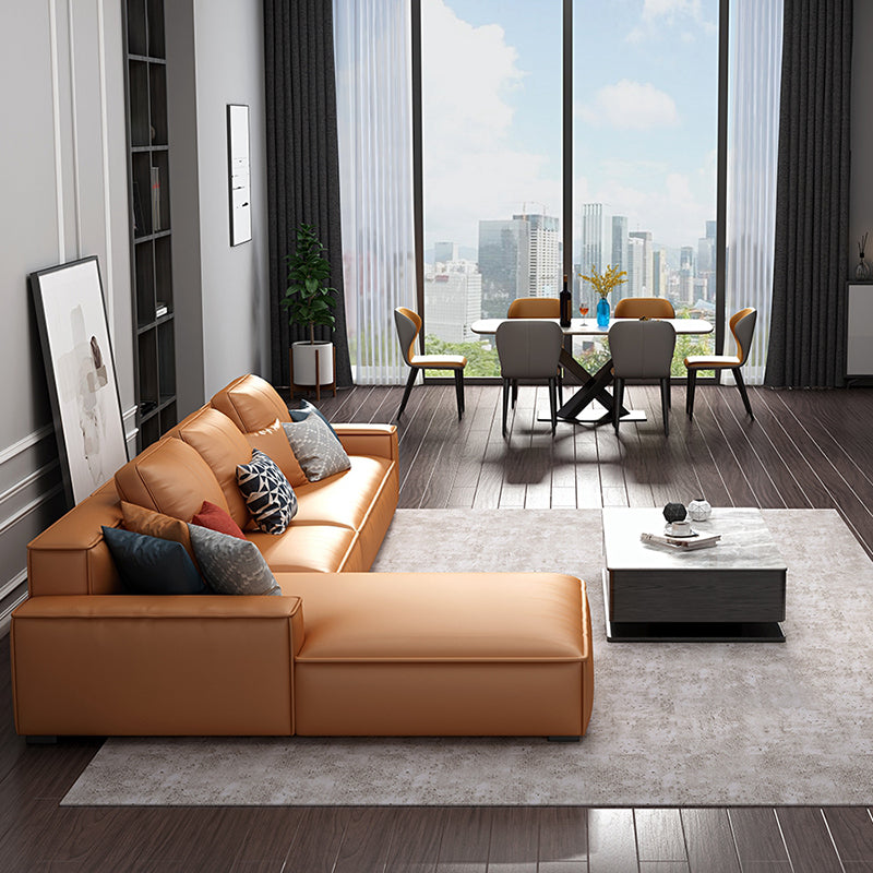 Faux Leather Loose Back Sofa & Chaise 137.8*74*31.5 Recessed Arm Sofa Orange Left Sponge Clearhalo 'furn' 'furn_sectionals' 'Furniture' 'furniture_sectionals' 'Living Room Furniture' 'Sectionals' 5045545