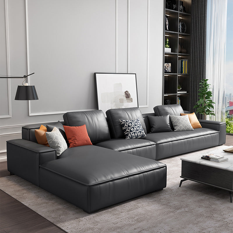 Faux Leather Loose Back Sofa & Chaise 137.8*74*31.5 Recessed Arm Sofa Dark Gray Left Clearhalo 'furn' 'furn_sectionals' 'Furniture' 'furniture_sectionals' 'Living Room Furniture' 'Sectionals' 5045554