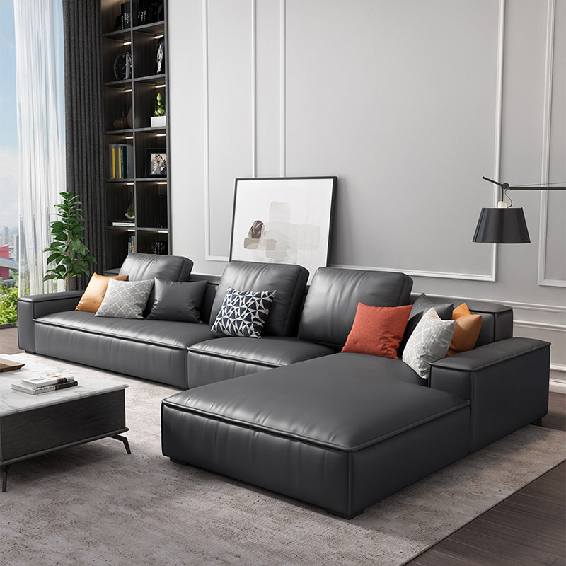 Faux Leather Loose Back Sofa & Chaise 137.8*74*31.5 Recessed Arm Sofa Dark Gray Right Clearhalo 'furn' 'furn_sectionals' 'Furniture' 'furniture_sectionals' 'Living Room Furniture' 'Sectionals' 5045557