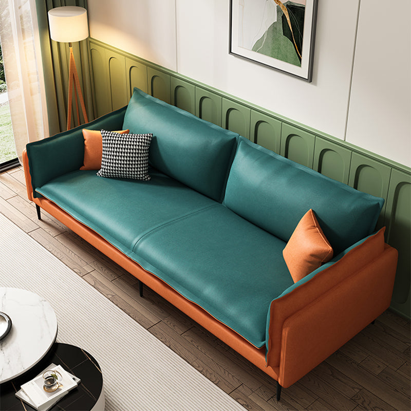 Square Arm Contemporary Faux Leather Sofa Couch in Green and Orange 71"L x 29.5"W x 28"H Latex Clearhalo 'furn' 'furn_sofas' 'Furniture' 'furniture_sofas' 'Living Room Furniture' 'Sofa' 'sofas' 5045583