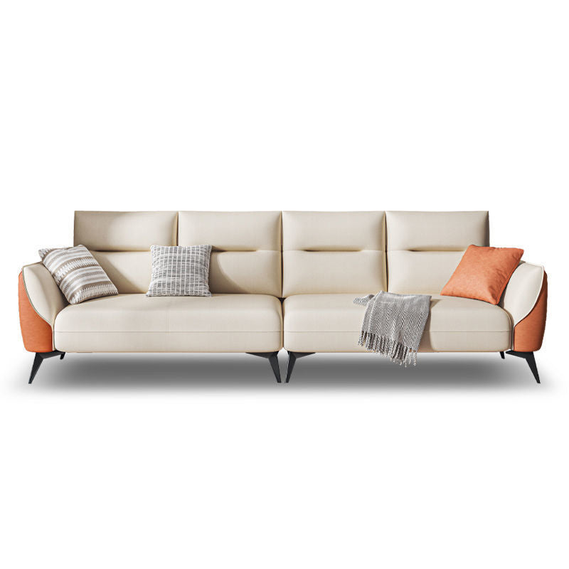 Contemporary Faux Leather Square Arm Sofa Standard Sofa with Sewn Pillow Back 109.5"L x 33"W x 29.5"H White Yellow Clearhalo 'furn' 'furn_sofas' 'Furniture' 'furniture_sofas' 'Living Room Furniture' 'Sofa' 'sofas' 5045684