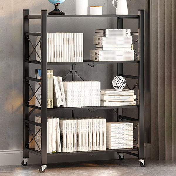 Industrial Geometric Bookcase Metal Open Back Bookcase with Wheels 28.3"L x 14.2"W x 49.2"H Black Clearhalo 'Bookcases' 'furn' 'furn_bookcases' 'Furniture' 'furniture_bookcases' 'Office Furniture' 5047862