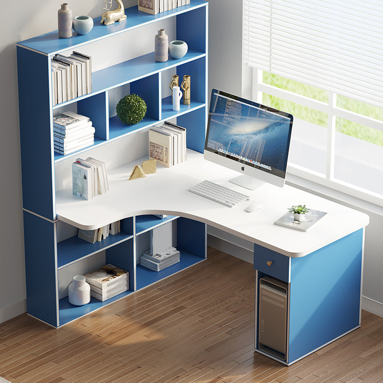 Modern Manufactured Wood Desk Corner Writing Desk with 1 Drawer and Bookshelf Ocean Blue Clearhalo 'furn' 'furn_office_desk' 'Furniture' 'furniture_office_desk' 'Office Desks' 'Office Furniture' 'office_desk' 5048184