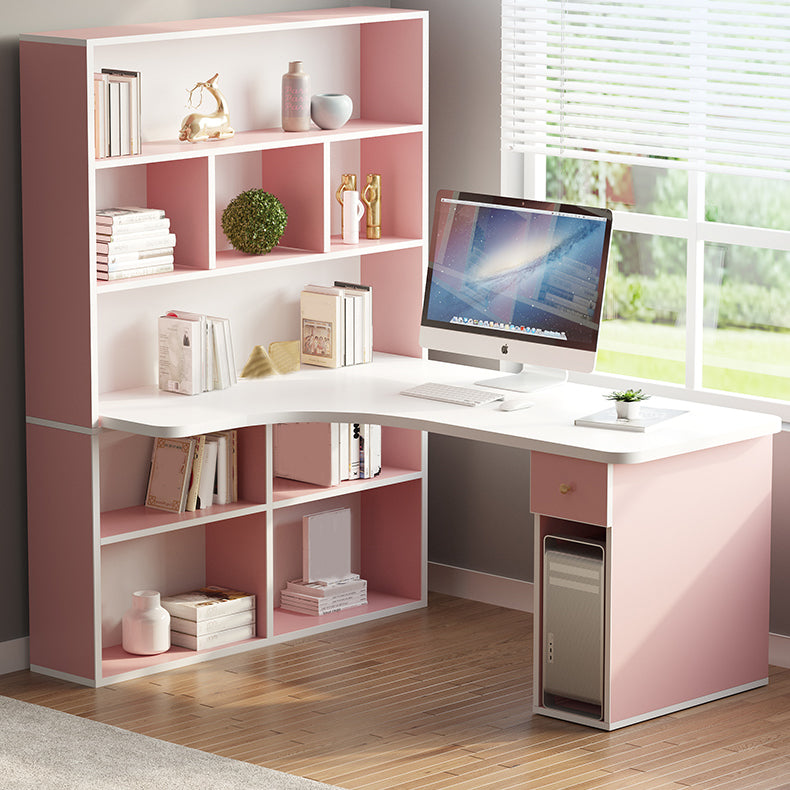 Modern Manufactured Wood Desk Corner Writing Desk with 1 Drawer and Bookshelf Pink Clearhalo 'furn' 'furn_office_desk' 'Furniture' 'furniture_office_desk' 'Office Desks' 'Office Furniture' 'office_desk' 5048186