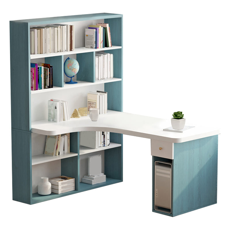 Modern Manufactured Wood Desk Corner Writing Desk with 1 Drawer and Bookshelf Blue Clearhalo 'furn' 'furn_office_desk' 'Furniture' 'furniture_office_desk' 'Office Desks' 'Office Furniture' 'office_desk' 5048193