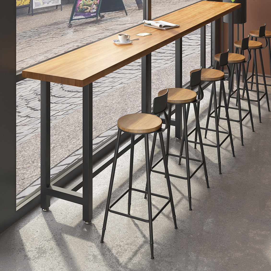 Wood Natural Bistro Accent Dining Table Modern Rectangle Footrest Pub Table 126"L x 15.7"W x 41.3"H Without Chairs Clearhalo 'Bar Furniture' 'Bar Tables' 'bar_tables' 'furn' 'furn_bar_tables' 'Furniture' 'furniture_bar_tables' 'Kitchen & Dining Furniture' 5051691