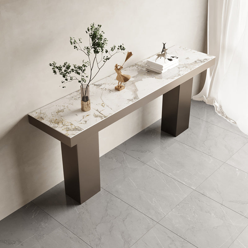 Stone Bar Dining Table Modern Rectangle Bar Table with Double Pedestal for Porch 63"L x 19.7"W x 41.3"H Without Chairs Clearhalo 'Bar Furniture' 'Bar Tables' 'bar_tables' 'furn' 'furn_bar_tables' 'Furniture' 'furniture_bar_tables' 'Kitchen & Dining Furniture' 5051940