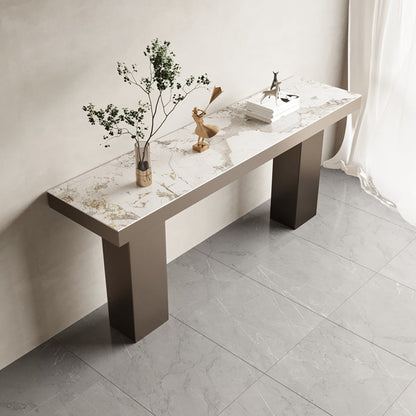 Stone Bar Dining Table Modern Rectangle Bar Table with Double Pedestal for Porch 63"L x 19.7"W x 41.3"H Without Chairs Clearhalo 'Bar Furniture' 'Bar Tables' 'bar_tables' 'furn' 'furn_bar_tables' 'Furniture' 'furniture_bar_tables' 'Kitchen & Dining Furniture' 5051940