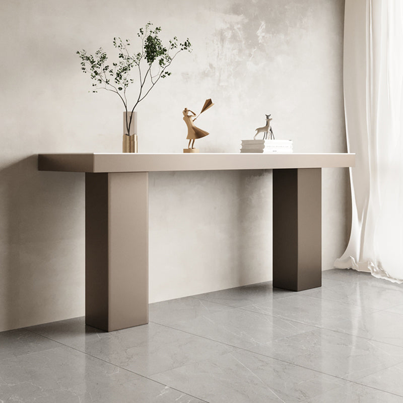 Stone Bar Dining Table Modern Rectangle Bar Table with Double Pedestal for Porch 78.7"L x 23.6"W x 41.3"H Without Chairs Clearhalo 'Bar Furniture' 'Bar Tables' 'bar_tables' 'furn' 'furn_bar_tables' 'Furniture' 'furniture_bar_tables' 'Kitchen & Dining Furniture' 5051941
