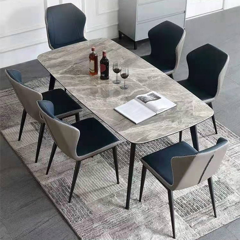 Modern Rectangle Dinette Set 1/2/5/7 Pieces Grey Sintered Stone Top Dining Table Set 7 Pieces: Table, 6 Blue Chairs Clearhalo 'Dining Room Sets' 'Dining Tables & Seating' 'dining_room_set' 'furn' 'furn_dining_room_set' 'Furniture' 'furniture_dining_room_set' 'Kitchen & Dining Furniture' 5052873