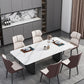 Modern Iron Dinette Set 1/2/5/7 Pieces Rectangle White Sintered Stone Top Dining Table Set 7 Pieces: Table, 6 Beige Chairs Clearhalo 'Dining Room Sets' 'Dining Tables & Seating' 'dining_room_set' 'furn' 'furn_dining_room_set' 'Furniture' 'furniture_dining_room_set' 'Kitchen & Dining Furniture' 5052917