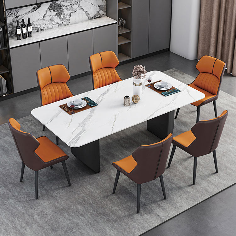 Modern Iron Dinette Set 1/2/5/7 Pieces Rectangle White Sintered Stone Top Dining Table Set 7 Pieces: Table, 6 Orange Chairs Clearhalo 'Dining Room Sets' 'Dining Tables & Seating' 'dining_room_set' 'furn' 'furn_dining_room_set' 'Furniture' 'furniture_dining_room_set' 'Kitchen & Dining Furniture' 5052918