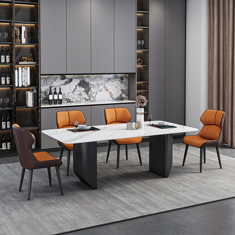 Modern Iron Dinette Set 1/2/5/7 Pieces Rectangle White Sintered Stone Top Dining Table Set 5 Pieces: Table, 4 Orange Chairs Clearhalo 'Dining Room Sets' 'Dining Tables & Seating' 'dining_room_set' 'furn' 'furn_dining_room_set' 'Furniture' 'furniture_dining_room_set' 'Kitchen & Dining Furniture' 5052924