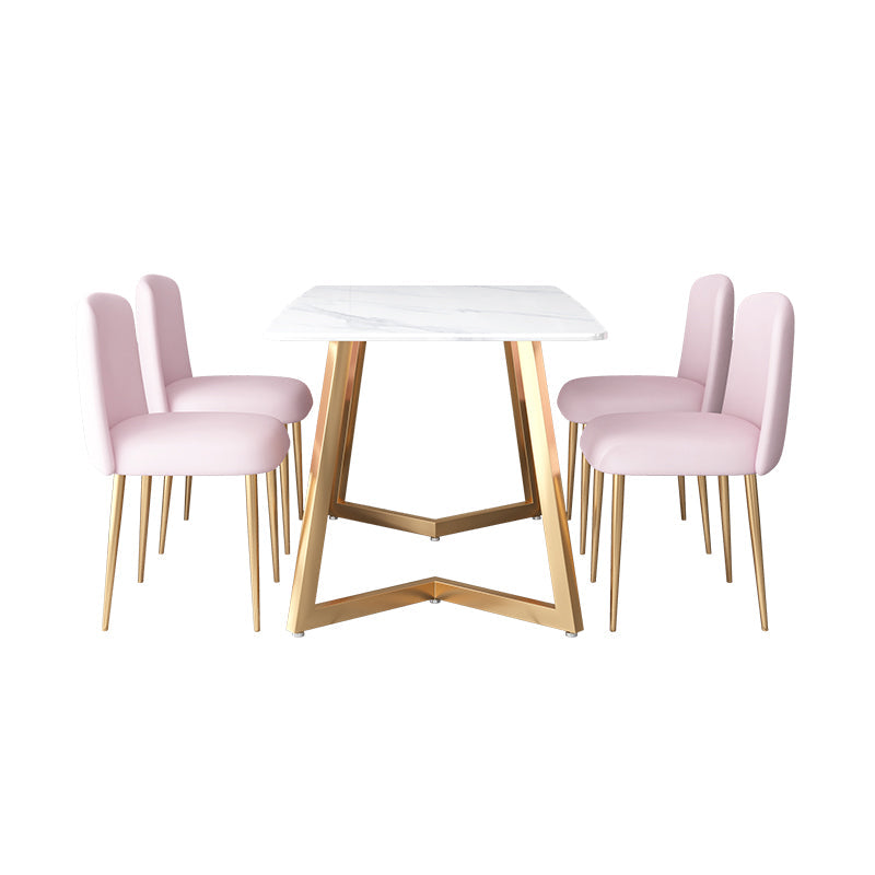 Glam Iron Dinette Set 1/2/5 Pieces Dining Table Set with Rectangle Sintered Stone Top 5 Pieces: Table, 4 Light Pink Chairs Clearhalo 'Dining Room Sets' 'Dining Tables & Seating' 'dining_room_set' 'furn' 'furn_dining_room_set' 'Furniture' 'furniture_dining_room_set' 'Kitchen & Dining Furniture' 5052962