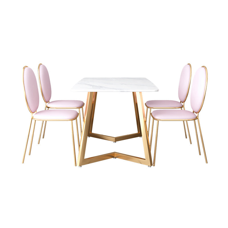 Glam Iron Dinette Set 1/2/5 Pieces Dining Table Set with Rectangle Sintered Stone Top 5 Pieces: Table, 4 Pink Chairs Clearhalo 'Dining Room Sets' 'Dining Tables & Seating' 'dining_room_set' 'furn' 'furn_dining_room_set' 'Furniture' 'furniture_dining_room_set' 'Kitchen & Dining Furniture' 5052965