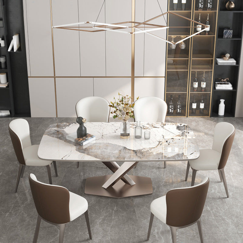 Rectangle Dining Table Stone Top Table with Stainless Steel Pedestal Base 55.1"L x 31.5"W x 29.5"H Without Chairs Clearhalo 'Dining Tables & Seating' 'Dining Tables' 'dining_table' 'furn' 'furn_dining_table' 'Furniture' 'furniture_dining_table' 'Kitchen & Dining Furniture' 5053126