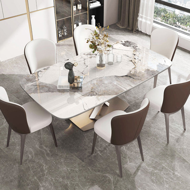 Rectangle Dining Table Stone Top Table with Stainless Steel Pedestal Base 51.2"L x 31.5"W x 29.5"H Without Chairs Clearhalo 'Dining Tables & Seating' 'Dining Tables' 'dining_table' 'furn' 'furn_dining_table' 'Furniture' 'furniture_dining_table' 'Kitchen & Dining Furniture' 5053129