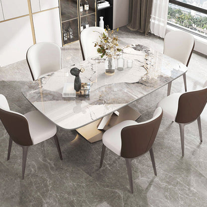 Rectangle Dining Table Stone Top Table with Stainless Steel Pedestal Base 51.2"L x 31.5"W x 29.5"H Without Chairs Clearhalo 'Dining Tables & Seating' 'Dining Tables' 'dining_table' 'furn' 'furn_dining_table' 'Furniture' 'furniture_dining_table' 'Kitchen & Dining Furniture' 5053129