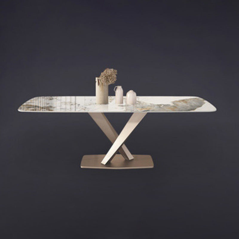 Rectangle Dining Table Stone Top Table with Stainless Steel Pedestal Base Clearhalo 'Dining Tables & Seating' 'Dining Tables' 'dining_table' 'furn' 'furn_dining_table' 'Furniture' 'furniture_dining_table' 'Kitchen & Dining Furniture' 5053135
