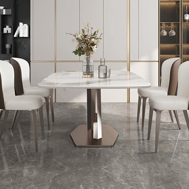 Rectangle Dining Table Stone Top Table with Stainless Steel Pedestal Base Clearhalo 'Dining Tables & Seating' 'Dining Tables' 'dining_table' 'furn' 'furn_dining_table' 'Furniture' 'furniture_dining_table' 'Kitchen & Dining Furniture' 5053136