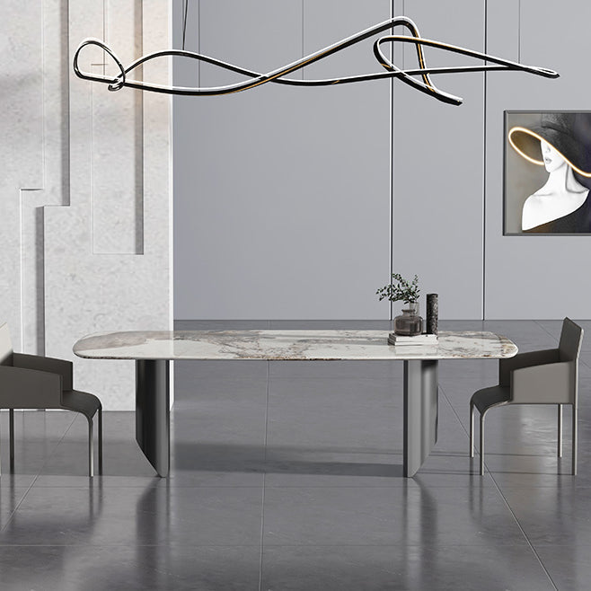 Metal Contemporary Rectangular Dining Table Sintered Stone Table with Double Pedestal 70.9"L x 35.4"W x 29.5"H Without Chairs Clearhalo 'Dining Tables & Seating' 'Dining Tables' 'dining_table' 'furn' 'furn_dining_table' 'Furniture' 'furniture_dining_table' 'Kitchen & Dining Furniture' 5053141