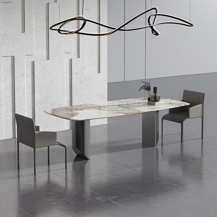 Metal Contemporary Rectangular Dining Table Sintered Stone Table with Double Pedestal 55.1"L x 31.5"W x 29.5"H Without Chairs Clearhalo 'Dining Tables & Seating' 'Dining Tables' 'dining_table' 'furn' 'furn_dining_table' 'Furniture' 'furniture_dining_table' 'Kitchen & Dining Furniture' 5053142