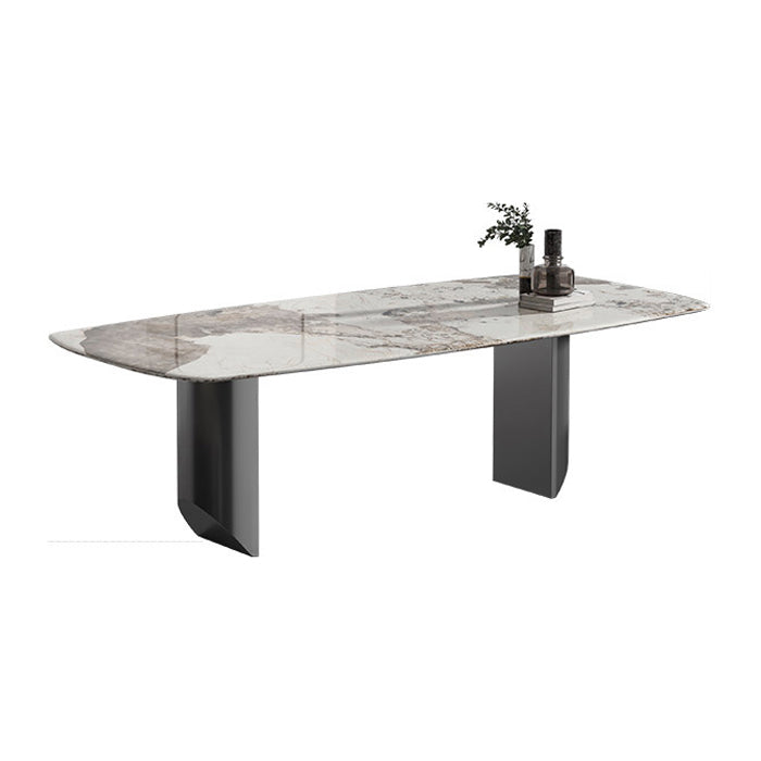 Metal Contemporary Rectangular Dining Table Sintered Stone Table with Double Pedestal 59.1"L x 31.5"W x 29.5"H Without Chairs Clearhalo 'Dining Tables & Seating' 'Dining Tables' 'dining_table' 'furn' 'furn_dining_table' 'Furniture' 'furniture_dining_table' 'Kitchen & Dining Furniture' 5053145