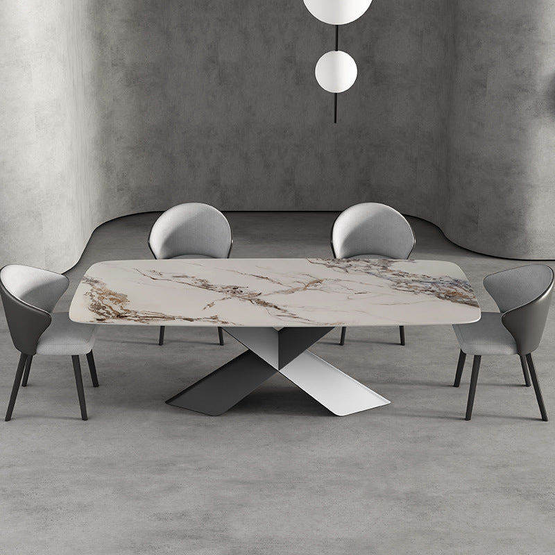 Stone Rectangle Top Dining Table Traditional Luxury Dining Table with Pedestal Base Gold 78.7"L x 39.4"W x 29.5"H Without Chairs Clearhalo 'Dining Tables & Seating' 'Dining Tables' 'dining_table' 'furn' 'furn_dining_table' 'Furniture' 'furniture_dining_table' 'Kitchen & Dining Furniture' 5053283