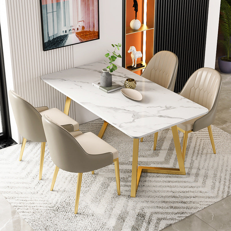 Stone Top Dining Table White Traditional Luxury Table with Sled Base Gold 55.1"L x 31.5"W x 29.5"H Without Chairs Clearhalo 'Dining Tables & Seating' 'Dining Tables' 'dining_table' 'furn' 'furn_dining_table' 'Furniture' 'furniture_dining_table' 'Kitchen & Dining Furniture' 5053385
