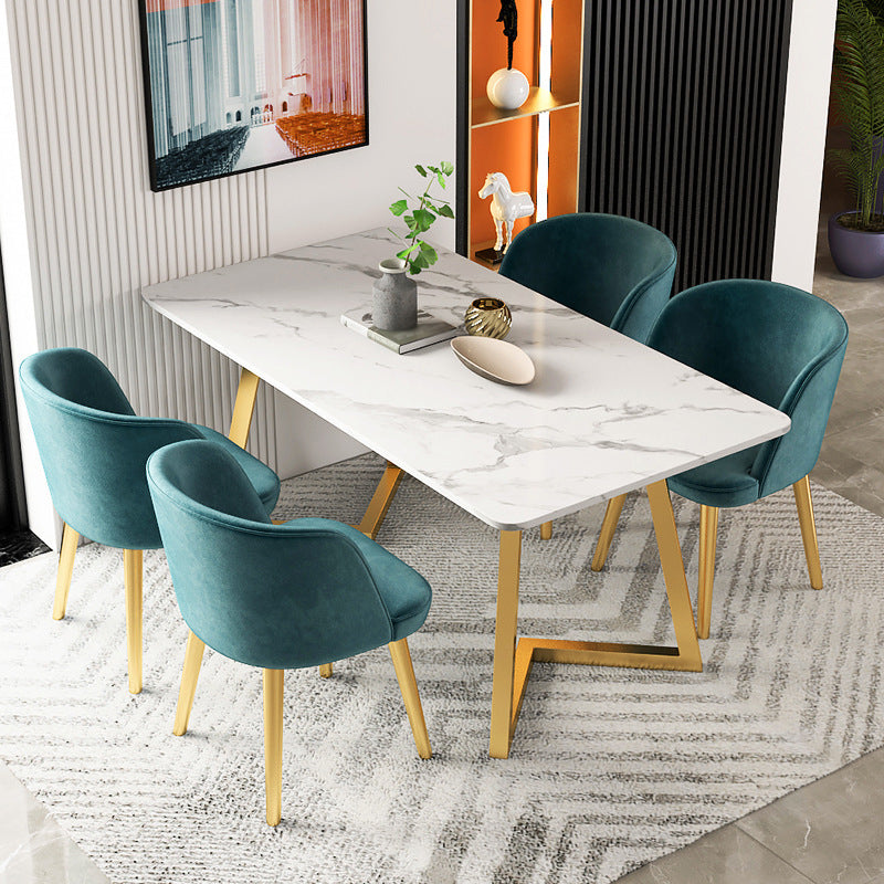 Stone Top Dining Table White Traditional Luxury Table with Sled Base Gold 70.9"L x 35.4"W x 29.5"H Without Chairs Clearhalo 'Dining Tables & Seating' 'Dining Tables' 'dining_table' 'furn' 'furn_dining_table' 'Furniture' 'furniture_dining_table' 'Kitchen & Dining Furniture' 5053387