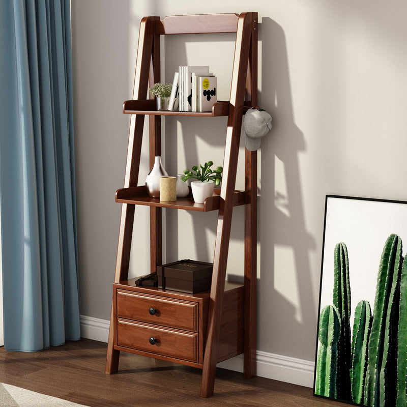 Rubber Wood Ladder Bookshelf Contemporary Open Bookcase for Home Office 23.6"L x 14.2"W x 55.1"H Walnut Drawers Clearhalo 'Bookcases' 'furn' 'furn_bookcases' 'Furniture' 'furniture_bookcases' 'Office Furniture' 5055784