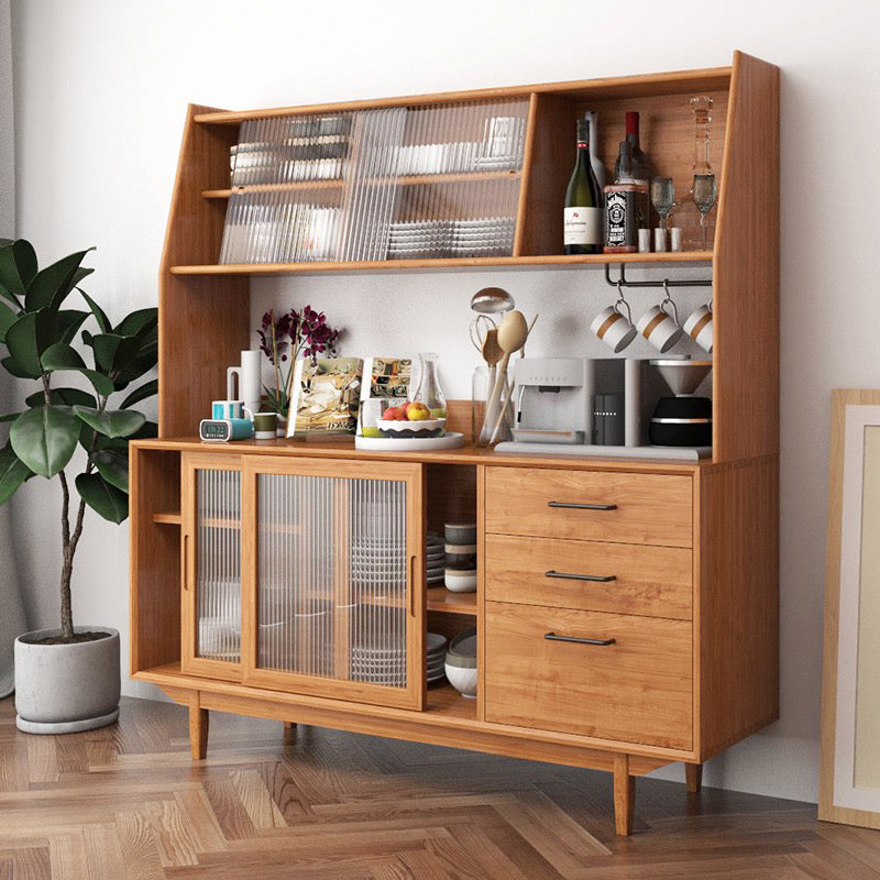 Pine Wood Buffet Table 3 Drawer 4 Glass Doors Simple Style Cupboard for Kitchen Clearhalo 'buffet_sideboard' 'Buffets & Sideboards' 'furn' 'furn_buffet_sideboard' 'Furniture' 'furniture_buffet_sideboard' 'Kitchen & Dining Furniture' 5056350