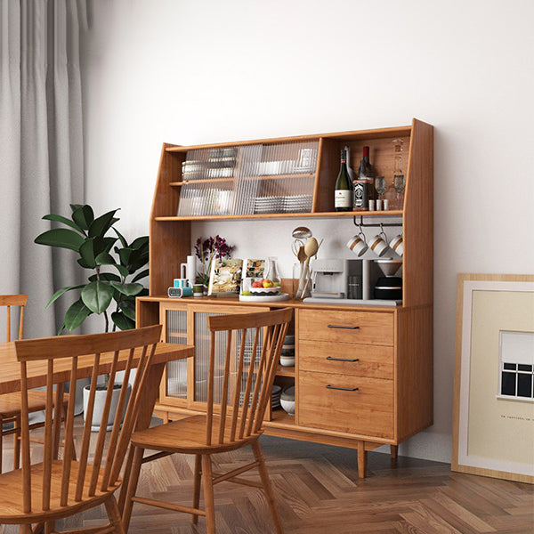Pine Wood Buffet Table 3 Drawer 4 Glass Doors Simple Style Cupboard for Kitchen Clearhalo 'buffet_sideboard' 'Buffets & Sideboards' 'furn' 'furn_buffet_sideboard' 'Furniture' 'furniture_buffet_sideboard' 'Kitchen & Dining Furniture' 5056357