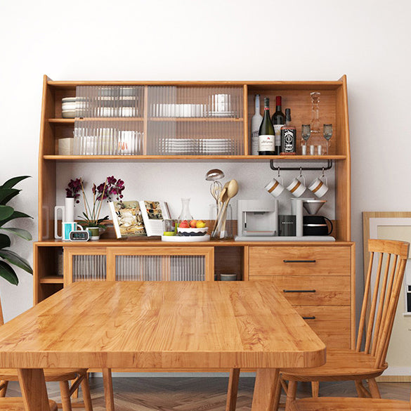 Pine Wood Buffet Table 3 Drawer 4 Glass Doors Simple Style Cupboard for Kitchen Clearhalo 'buffet_sideboard' 'Buffets & Sideboards' 'furn' 'furn_buffet_sideboard' 'Furniture' 'furniture_buffet_sideboard' 'Kitchen & Dining Furniture' 5056358