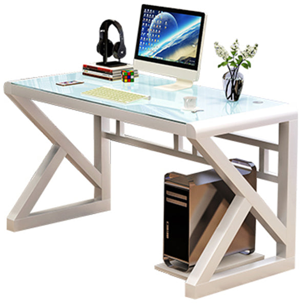 Contemporary Rectangular Computer Desk Toughened Glass Desktop Trestle Base Desk Clearhalo 'furn' 'furn_office_desk' 'Furniture' 'furniture_office_desk' 'Office Desks' 'Office Furniture' 'office_desk' 5056422