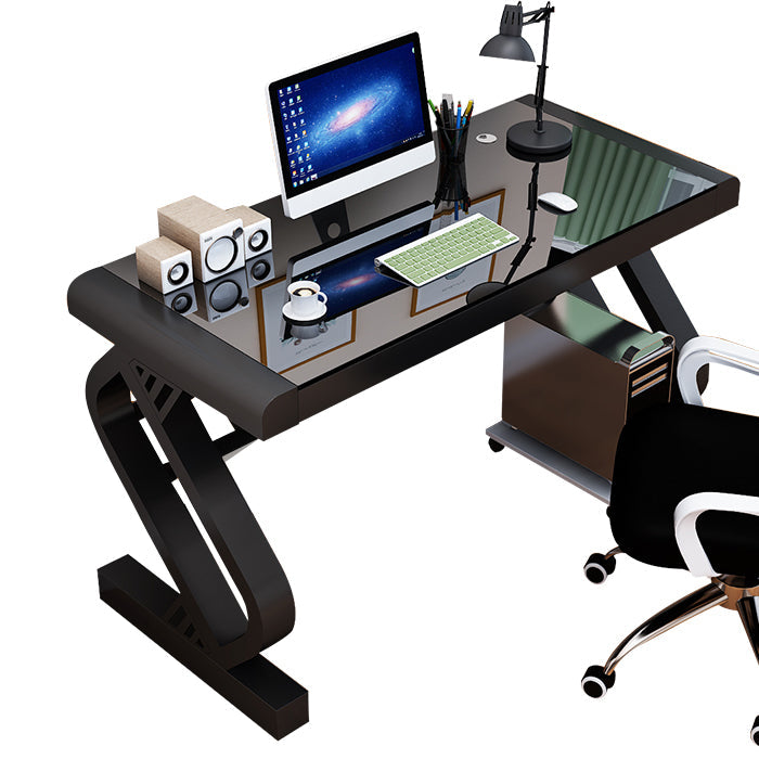 Toughened Glass Desktop Computer Desk Rectangular Modern Desk with Cable Management Black Clearhalo 'furn' 'furn_office_desk' 'Furniture' 'furniture_office_desk' 'Office Desks' 'Office Furniture' 'office_desk' 5056438
