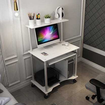 Toughened Glass Rectangular Computer Desk with Caster Wheels and Keyboard Tray White Clearhalo 'furn' 'furn_office_desk' 'Furniture' 'furniture_office_desk' 'Office Desks' 'Office Furniture' 'office_desk' 5056445