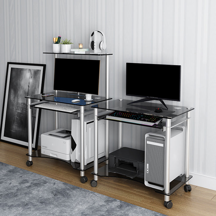 Toughened Glass Rectangular Computer Desk with Caster Wheels and Keyboard Tray Clearhalo 'furn' 'furn_office_desk' 'Furniture' 'furniture_office_desk' 'Office Desks' 'Office Furniture' 'office_desk' 5056452